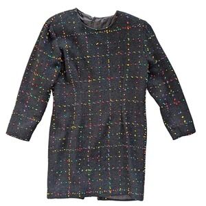 Vintage Small Black Tweed Rainbow Dress With Shoulder Pads‎ Midi Length